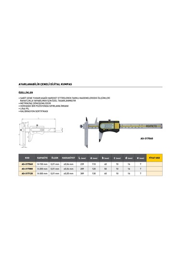Fett 0-150mm Asimeto Ayarlanabilir Çeneli Dijital Kumpas As-317060