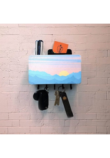 Dekoratif Manzara Desenli Bölmeli Ahşap Anahtarlık Askılık Duvar Dekor Diğer
