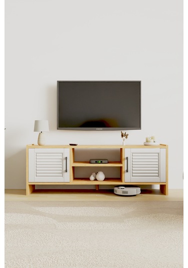 Molde Retro Tv Sehpası Mdf Membran Kapaklı Raflı Tv Ünitesi Televizyon Sehpası Atlantik Çam - Beyaz