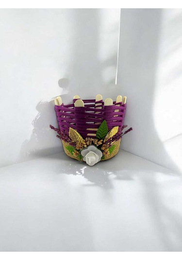 Hasır Takı Organizer El Yapımı Sepet Makyaj Kutusu Komodin Üstü Banyo Sepeti Mor