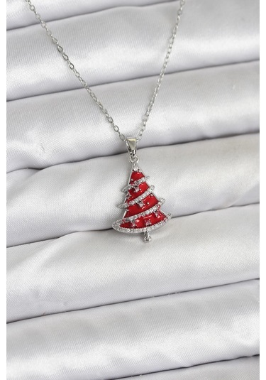 316l Çelik Zincir Gümüş Renk Kırmızı Çam Ağacı Model Yılbaşı Temalı Kadın Kolye - Tj-bko10715 Gümüş