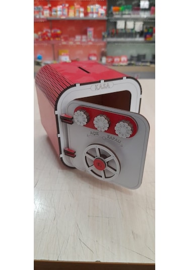 Ahşap Kumbara Şifreli Kasa Kırmızı-Beyaz 12*12,5*13Cm