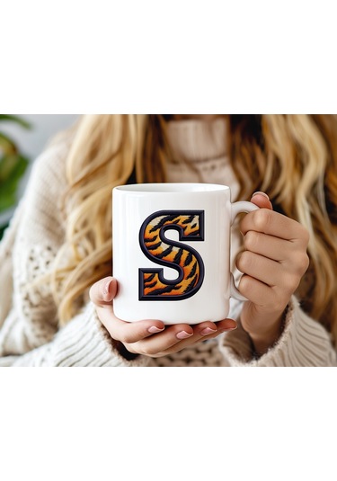 S Harfi Kaplan Figürlü Nakış Desenli Kupa Bardak - Kişiye Özel Vahşi Hayvan Desenli Kupa - Hediye Beyaz