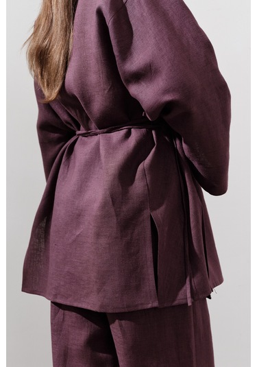 Keten Kruvaze Kapama Kimono Mürdüm Mürdüm