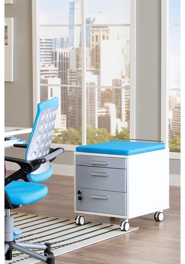 Creo Mobili Çekmeceli Kilitli Tekerlekli Vega Keson, Oturulabilir Ofis Ve Ev Komodini, Beyaz/mavi