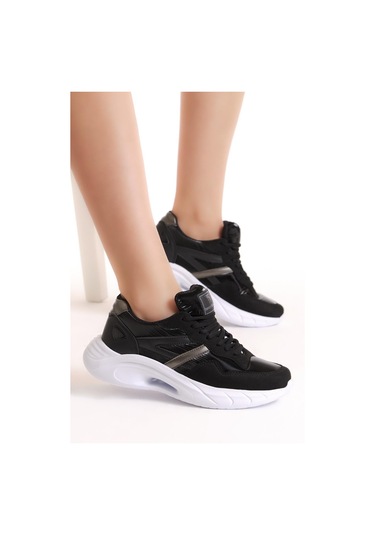 Faylon Taban Şeritli Bağcıklı Kadın Siyah Beyaz Spor Ayakkabı Tba060 Siyah Beyaz