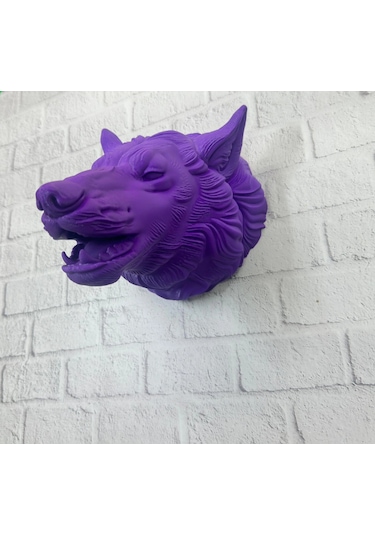 Mor Renk 3d Kurt Başı Duvar Dekoru Asılabilir Maskot Heykel 25x19 Cm