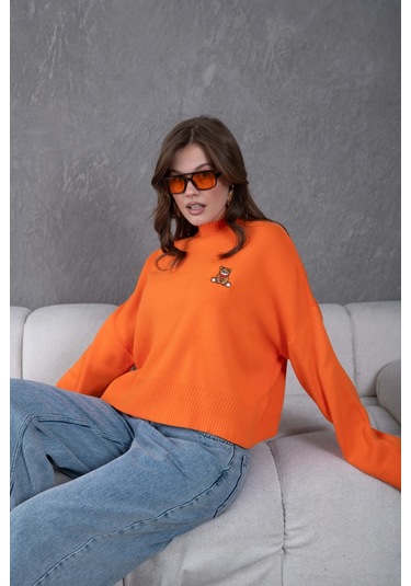 Kadın Dik Yaka Oversize Nakışlı Triko Kazak Turuncu
