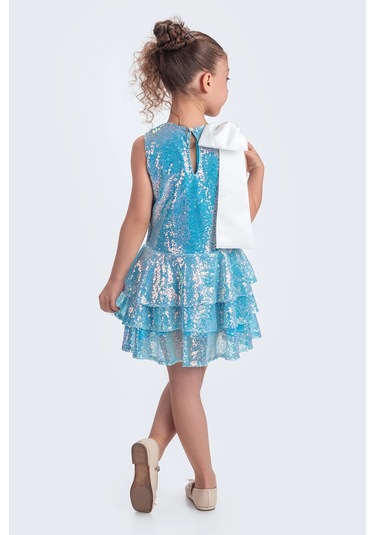 Etekli Şık Elbise Pullu 3 Kat Turkuaz