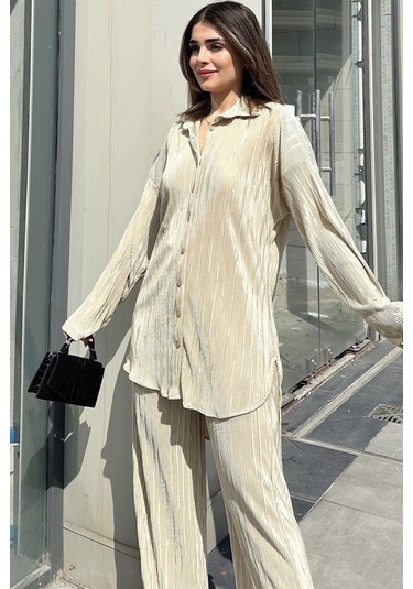 Kadın Sarı Uzun Tunik Gömlek & Beli Lastikli, Bol Paça Pantolon - Salaş Bürümcük Takım Sarı