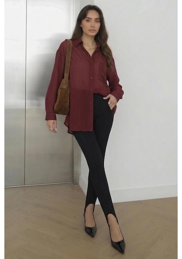 Lijuri Bordo Çizgili Transparan Oversize Gömlek 3515