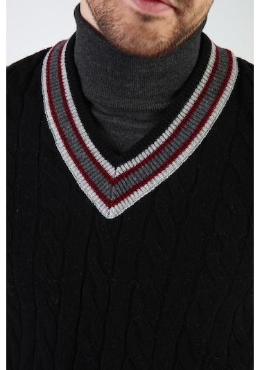 Ferraro Siyah Örgü Desenli V Yaka %100 Kuzu Yünü Erkek Süveter