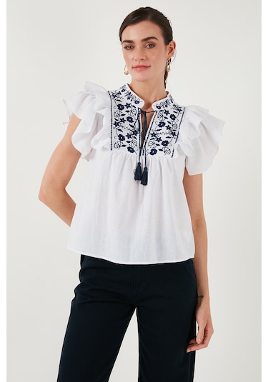Lela Pamuklu Regular Fit Nakış Işlemeli Bayan Bluz 611Bz0253 Beyaz-Indigo