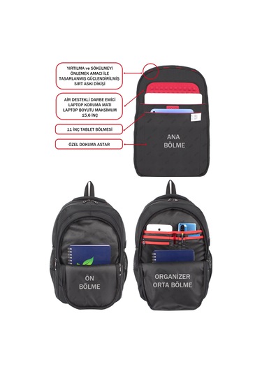 Dada 01 Siyah Laptop Sırt Çantası 15,6 İnç Usb Type-c Şarj Aparatı Darbe Emici Koruma