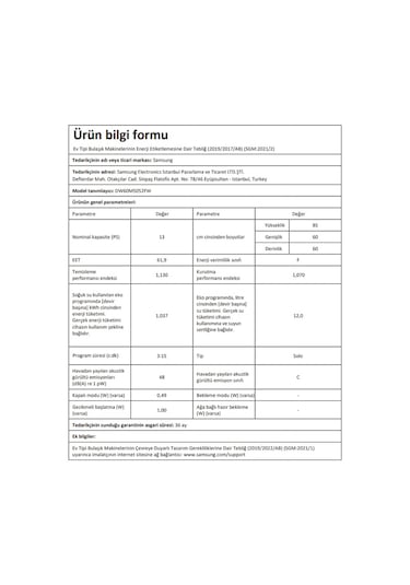 Samsung DW60M5052FW TR 5 Programlı 13 Kişilik Bulaşık Makinesi