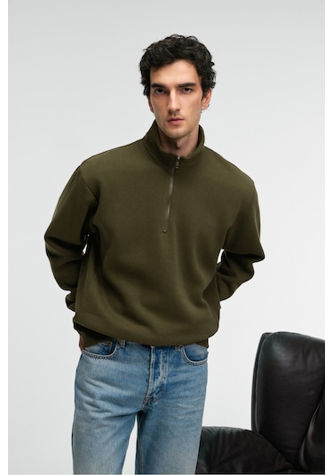 Grimelange Baxter Erkek Dik Yakalı Fermuarlı Relaxed Koyu Haki Sweatshirt Koyu Haki