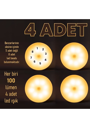 Upway 4 Adet Sensörlü Şarjlı Mıknatıslı Led Lamba Seti - 8 Ledli Günışığı Renkli Gün Işığı