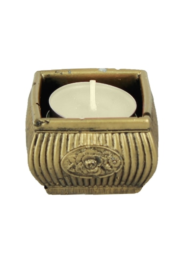 Eskitme Mumluk Şamdan Tealight Mum Uyumlu Mini Çizgili Çiçekli Model - Altın Eskitme