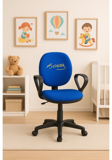 Atatürk Fb Taraftar Temalı Çocuk Çalışma Koltuğu Sarı Lacivert Tekerlekli Döner Ofis Ders Sandalyesi Lacivert