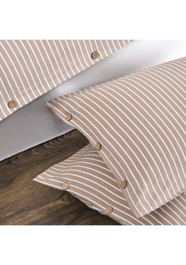 Çift Kişilik %100 Pamuk Ranforce Düğmeli Nevresim Takımı Lastikli Çarşaflı 200x220 Cm Bej Bej