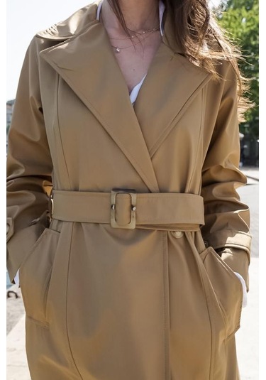 Düğmeli Kemerli Uzun Klasik Trençkot 2115 Camel