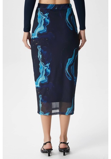 Kadın Dania Astarlı Bel Lastikli Şifon Mavi Midi Kalem Etek Mavi