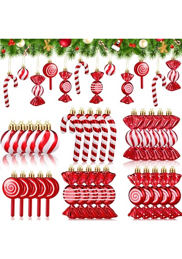 Geeksen 30 Adet Kırmızı-beyaz Plastik Noel Şeker Askısı Seti Nane Şekeri, Asma Şeker, Çubuk Şeker Figürleri