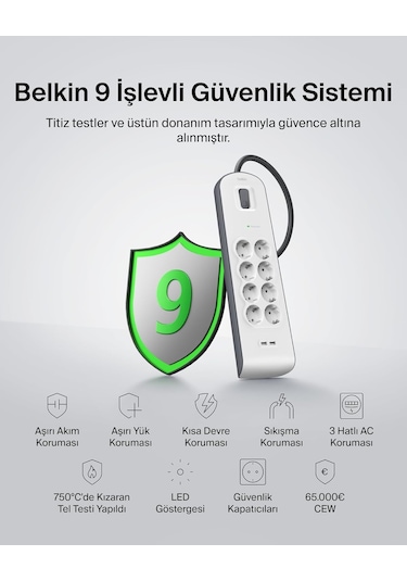 Belkin Bsv804vf2m Akım Korumalı Uzatma Priz,8 Çıkışlı Priz,2,4a Ç