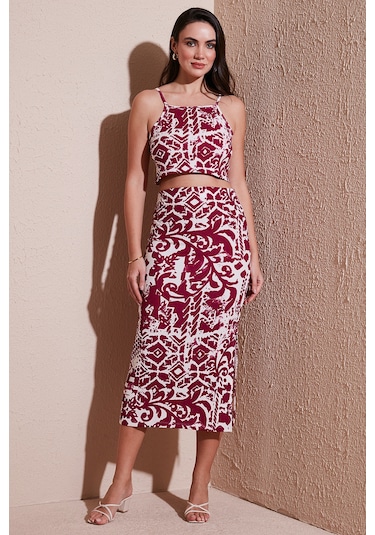 Lela Slim Fit Ip Askılı Yırtmaçlı Midi Alt-Üst Bayan Takım 5865726 Mürdüm