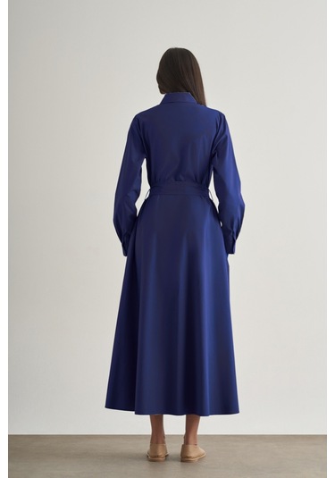 Mizalle Premium Saf Pamuk Lacivert Piliseli Uzun Elbise Lacivert