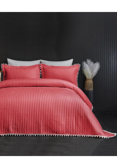 Evlen Home Ponponlu Çift Kişilik %100 Pamuk Yatak Örtüsü Pike Takımı Kırmızı