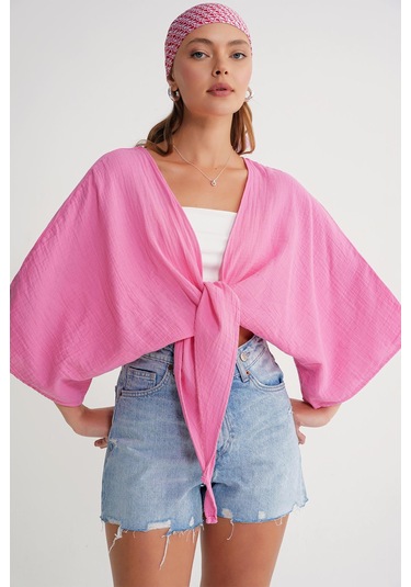 4723 Kadın Önü Bağlamalı Bolero Bluz Pembe Pembe