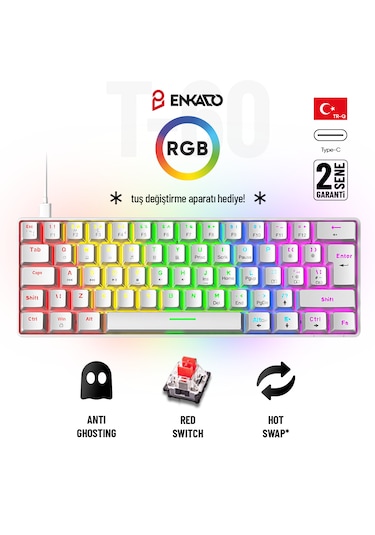 60 Tuş Mekanik Klavye Rgb Aydınlatmalı Oyuncu Klavyesi Red Switch Q Kablolu Hot Swap Beyaz Klavye