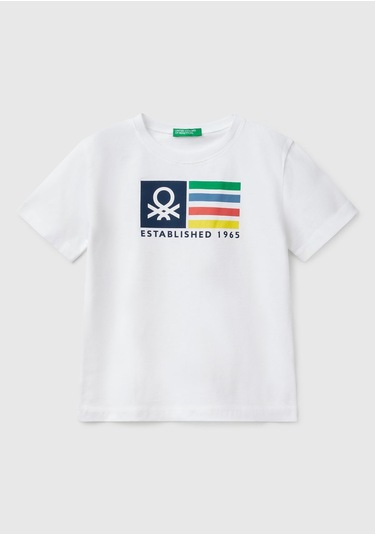 Erkek Çocuk Sarı Benetton Logo Baskılı T-shirt Beyaz