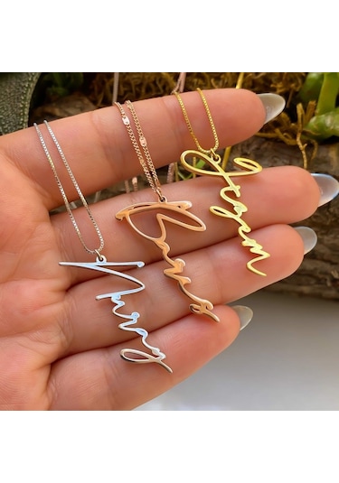Isimli Dikey Imza Altın Gold 925 Ayar Gümüş Zincir Kolye Kişiye Ö (536422937)