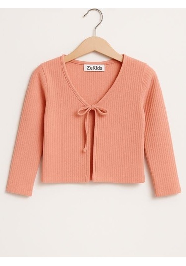 Kız Çocuk Mevsimlik Örme Bağlamalı Hırka-16070 Somon