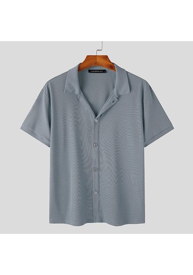 İncerun Erkek Günlük Giyim Düz Renk Örme Kısa Kollu Gömlek Mavi