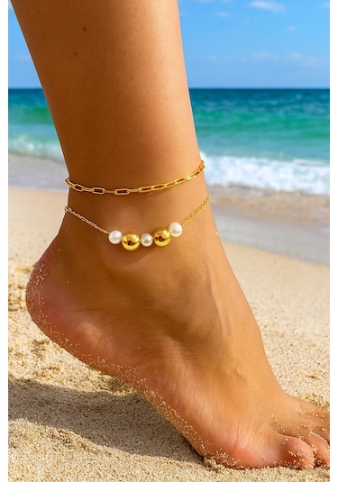 Altın Renk İnci Küre Model Singapur Ve Sf Zincir Çelik Halhal - 3292 Çok Renkli