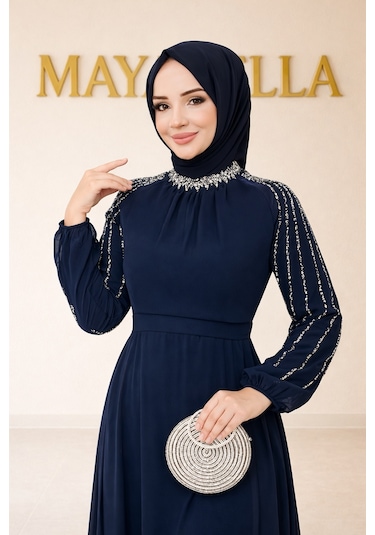 Mayabella İşlemeli Abiye Tesettür 20251311-mb3 Lacivert