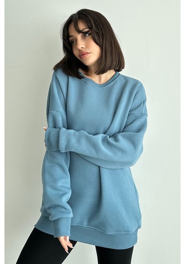 Kadın Mavi Bisiklet Yaka Oversize Sweatshirt Mavi