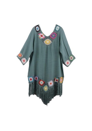 Yeşil Bikini Cover Up Hollow Out Tığ İşi Patchwork Yaz Gevşek Oturan Güneş Koruma Mayo Tunik Plaj İçin Yeşil