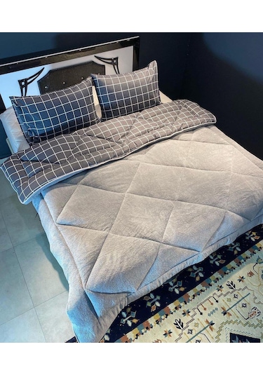 Wellsoft Desenli Çift Kişilik Yorgan % 2 Adet Yastık Kılıfı Antrasit - Gri