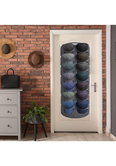 Geeroyoo Yumuşak Feltli Şapka Organizörü - Duvar/d Kapı Montajlı, 14 Şapka Kapasitesi, Şekli Koruyan Görünür Saklama Rafı Gri