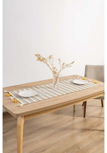 Rivaistanbul Ruffle Püsküllü Pamuklu Ham Keten Runner 50x130 Cm Açık Krem