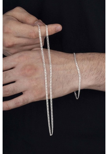 Gümüş Pazarım 925 Ayar Gümüş Erkek Gurmet Zincir Kolye Bileklik Kombini Çok Renkli