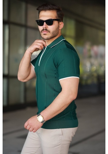 Erkek Dikey Kabartmalı Örgü Dokulu Fermuar Yakalı Tişört Yeşil