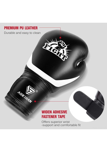 Moveevo Erkekler İçin Boks Savaş Dövüş Sandalye Korumalı Eldiveni - Bantlı, 8oz, Siyah, Kaliteli Deri Ve Şok Emici Thick Pad Siyah