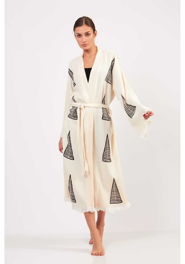 Befera Müslin Kimono Pamuklu Piramit Desenli Bornoz Kaftan Sabahlık Ekru