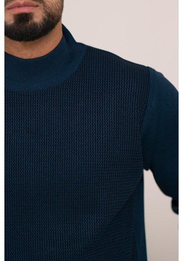 Woolen World Balıkçı Yaka Desenli Yünlü Erkek Triko Kazak Lacivert