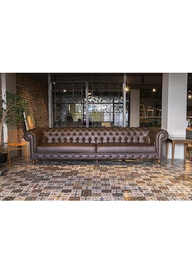 Zus309 Chester Koltuk Model 90483 Kanepe Suni Deri Kumaş Ahşap Kayın Ayak El Yapım